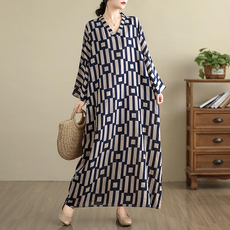 DIMANAF 2025 Women Plus Size Spring Long Dress Loose V-Neck Printing Vintage Casual Floral Oversize Long Sleeve 5031