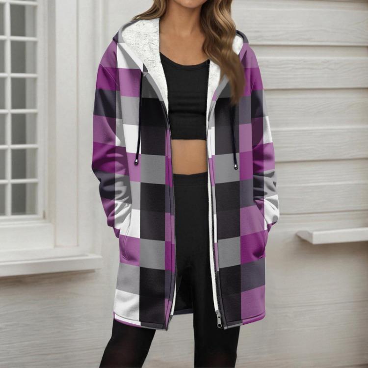 Fashionable Womens Loose Fleece Hoodie Jacket Striped Printed Zipper Design S фиолетовый