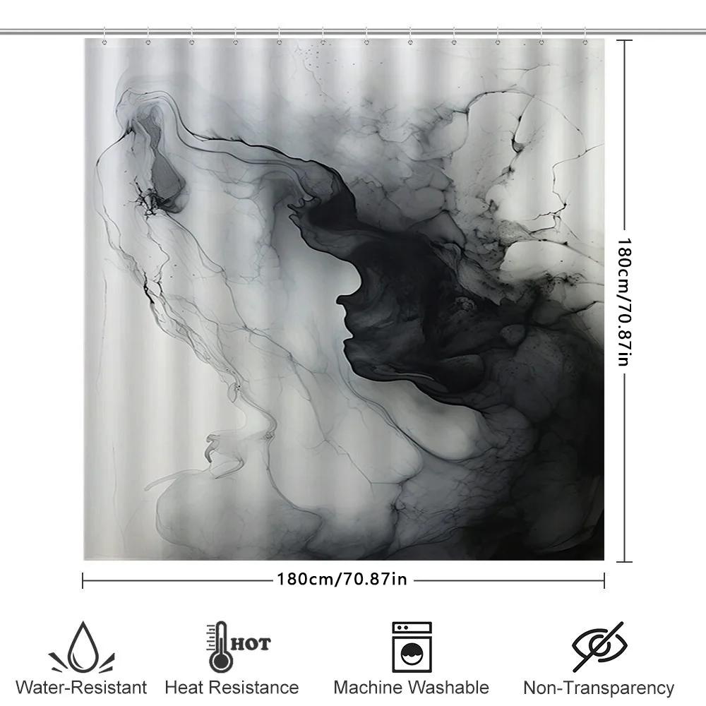 White Shower Curtain with Black Smoke Effect Decorative Print for Bathroom Decoration Polyester Material Waterproof Fabric Shr