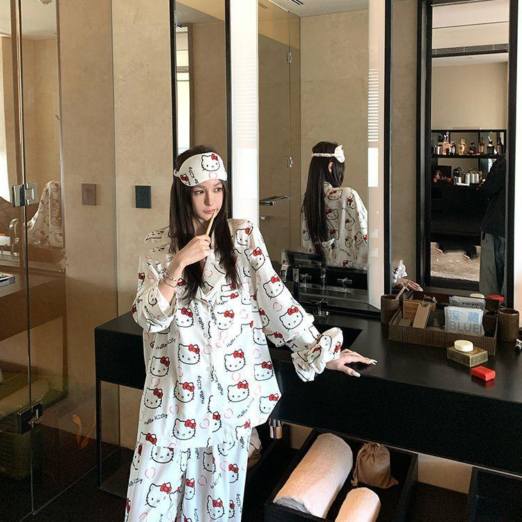 

Cute hellokitty pajamas women s spring and autumn new long-sleeved Japanese simple student homewear set in stock M [recommended weight 96-110]