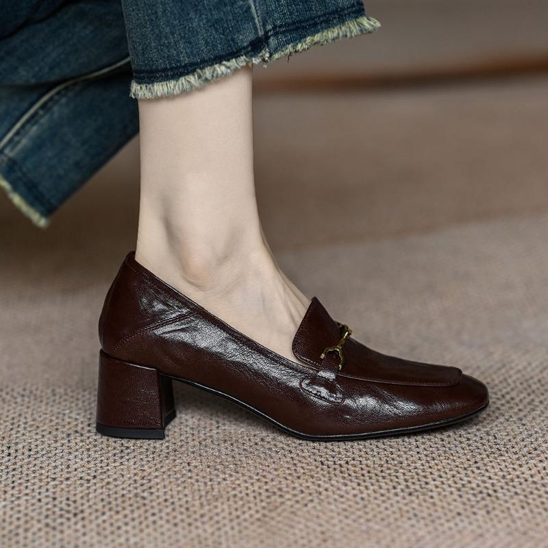

Super soft~ sheepskin thick heel single shoes women s square head spring and autumn new one-pedal middle heel brown leather 35
