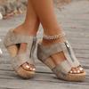 Women's Plus Size Peep Toe Studded Platform Wedge Sandals, Chunky Heel Summer Shoes