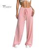 Comfortable Pants Women Casual Wide Leg Trousers Elastic Waist Adjustable Striped Drawstring Design Loose Fit Daily Wear