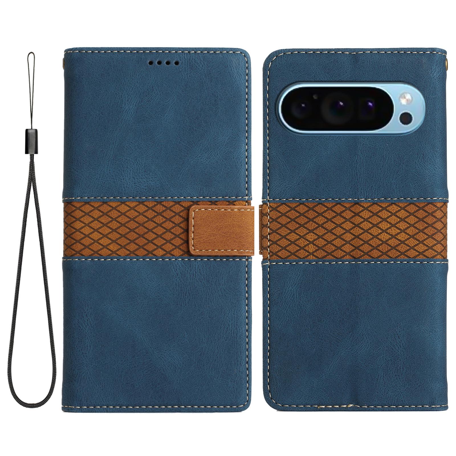 

For Google Pixel 9/9 Pro Case Grid Splicing Wallet Card Slots PU Leather Phone Cover Blue
