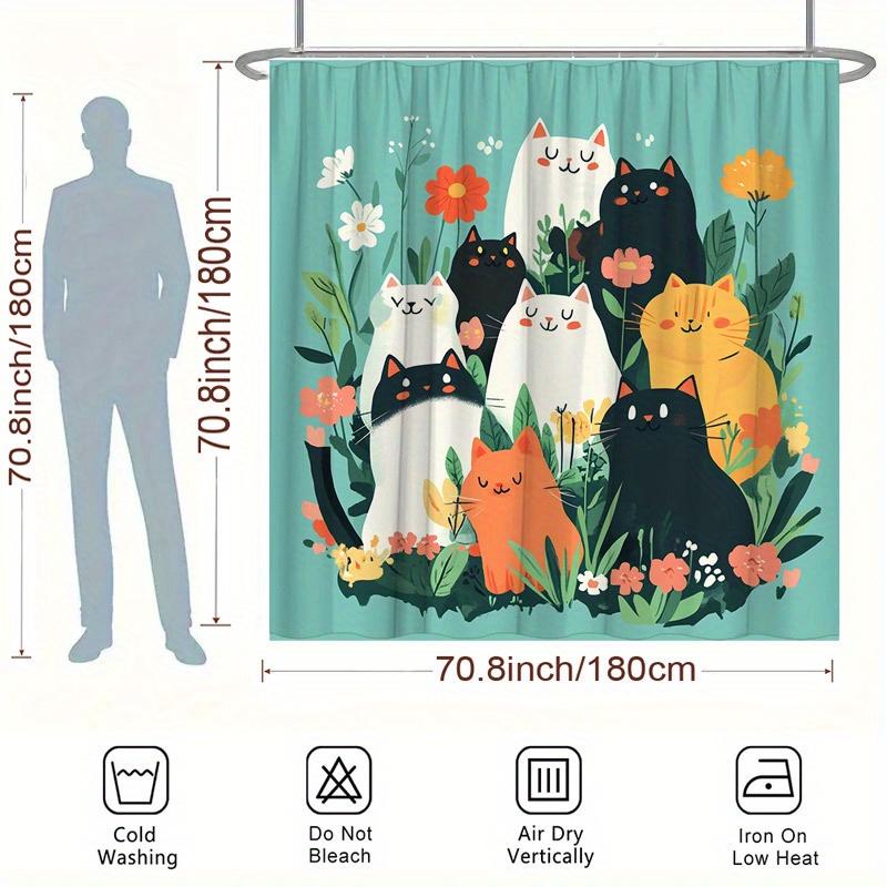 Colorful Cats and Flowers Shower Curtain - Water-Resistant, Easy to Clean, Adds a Fun and Whimsical Touch to Your Bathroom Decor