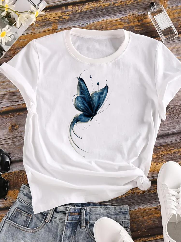 

(Asian Size) sweet butterfly 90s trend Printed Female Clothing Women Tee Lady T Shirt Casual Fashion Top Graphic Short Sleeve T-shirts S