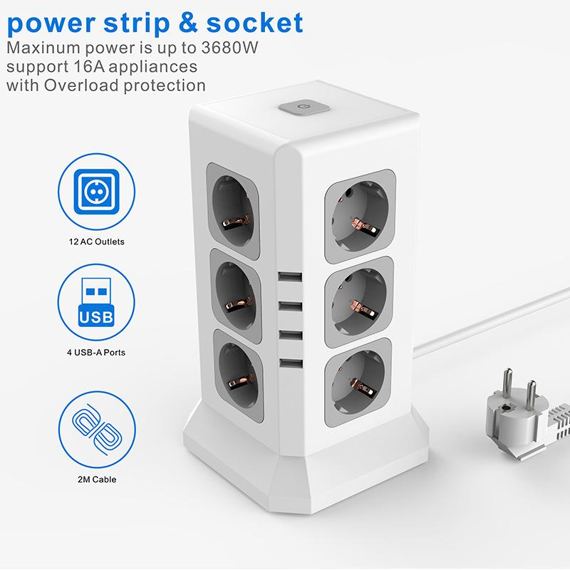 Vertical Tower-Style European-Standard Power Strip with USB Ports; European and German-Standard Multifunctional Smart Desktop Power Strip