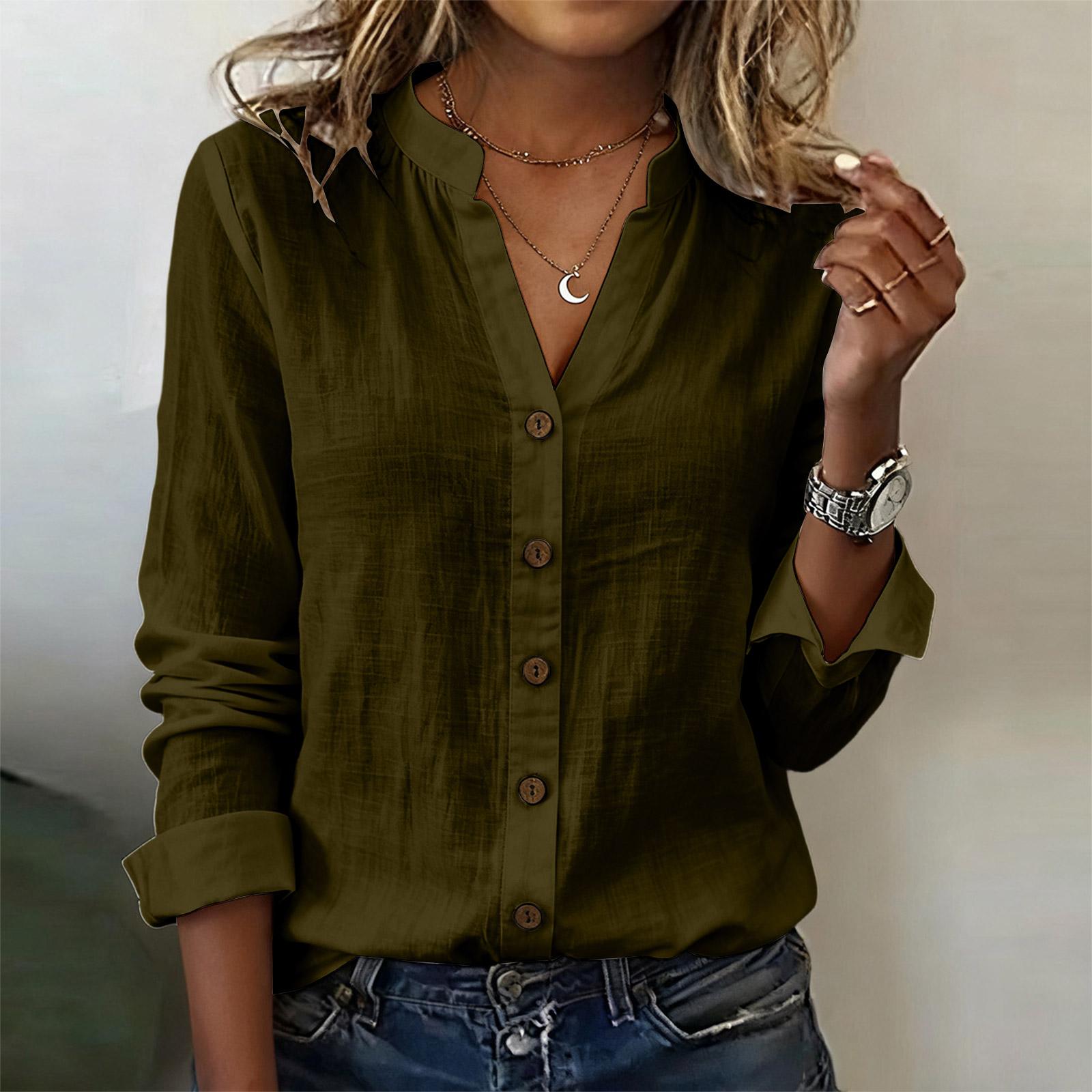 Fashionable Women s Spring/summer Casual Color Long-sleeved Shirt Button-down Top XL