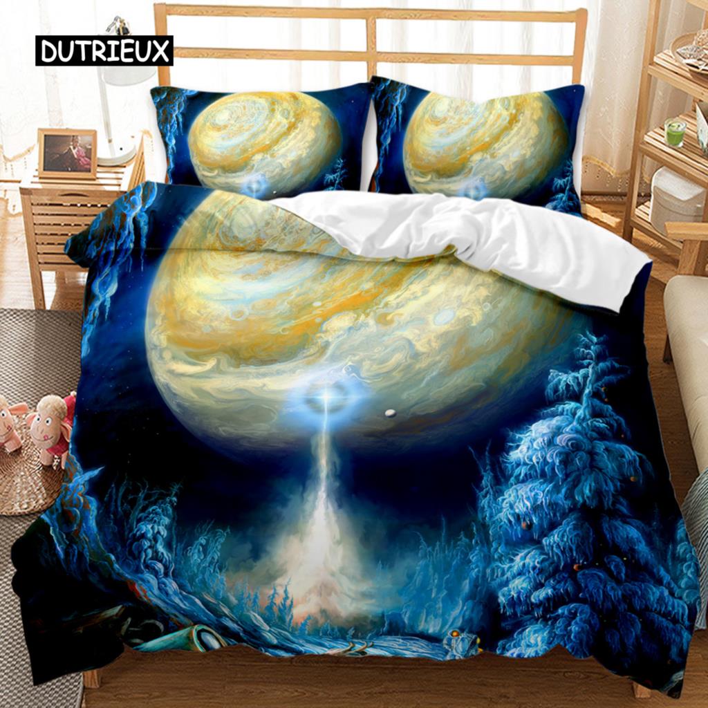 Planet Bed Cover Universe Single Size Bed Linen Kit Solar System Outer Space Quilt Cover Three-Dimensional Starry Sky Astronomy Sturdy Polyester Bed