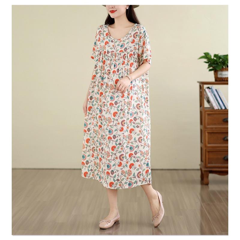 DIMANAF New 2026 Summer Beach Women Plus Size Lady Long Dress Loose Oversize Cotton Vintage Floral Print