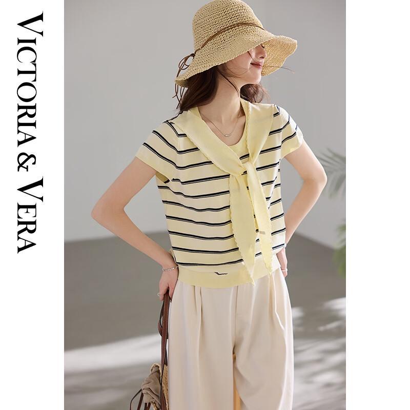 VICTORIA&VERA Striped Knit Short-Sleeve Top S
