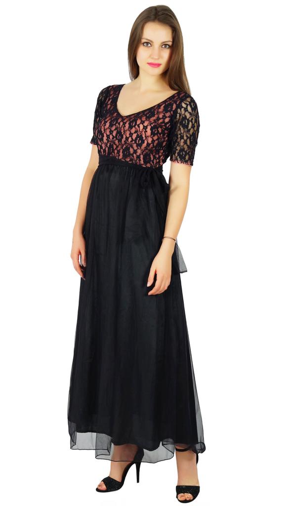 Bimba Womens Full Length Maxi Dress Black Net Prom Party Lace Gown