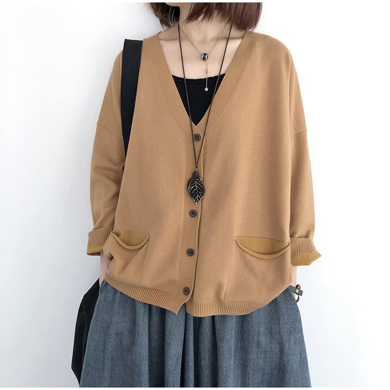 Women Solid Color Loose Cardigan V-Neck Long Sleeve 2026 Spring Autumn Button Pockets Female Sweaters жёлтый