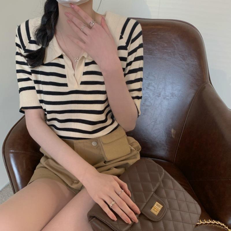 

Lazy Wind Striped V-neck Pullover Women s Summer Hundred Loose Short-sleeved Knit Shirt Tops Casual Essential Comfort Style Slim Fit Pullovers Tees One Size абрикосовий