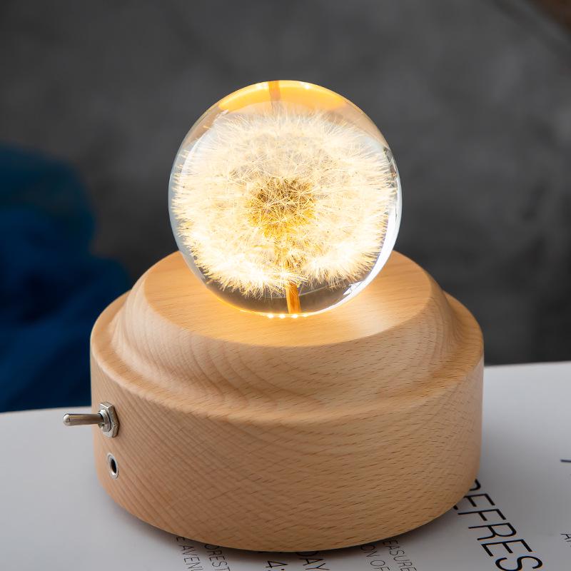 Dandelion Crystal Ball Night Light with Preserved Flower