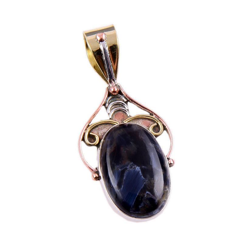 Natural Pietersite Gemstone 925 Solid Sterling Silver Two Tone Pendant 1.5" S1V69