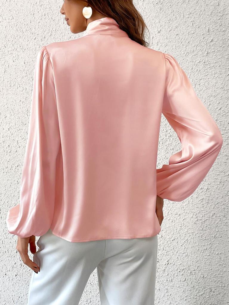Women's Long Sleeve Satin High Neck Bow Top