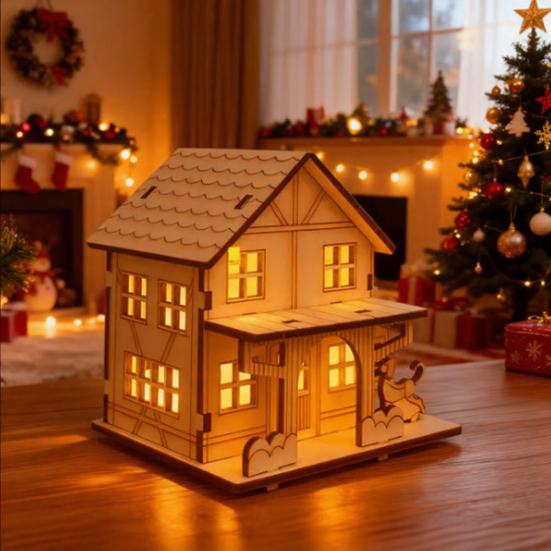 Wooden LED Lighted House Ornament Handcrafted Glowing Christmas House Decoration Xmas Holiday Party Desktop Decor