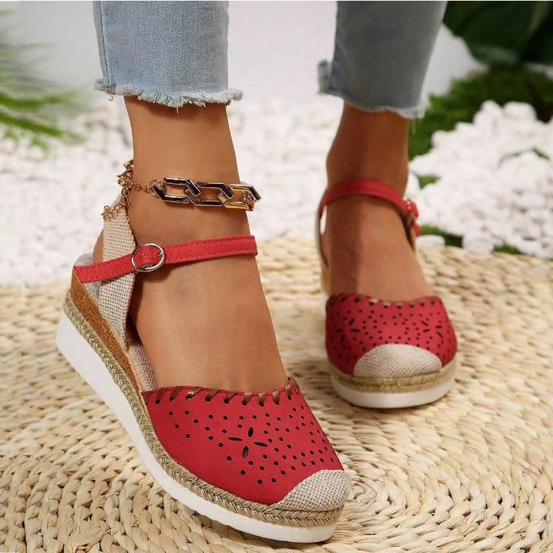 Large size wedge heel women's sandals summer new flat bottom bag head casual hollow buckle middle heel women's sandals