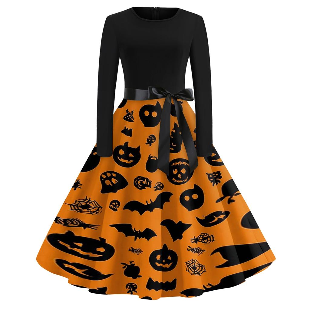Women's Casual Vintage Halloween Print Dress Long Sleeve Round Neck Retro Style Fit and Flare Midi Dress with Waist Tie