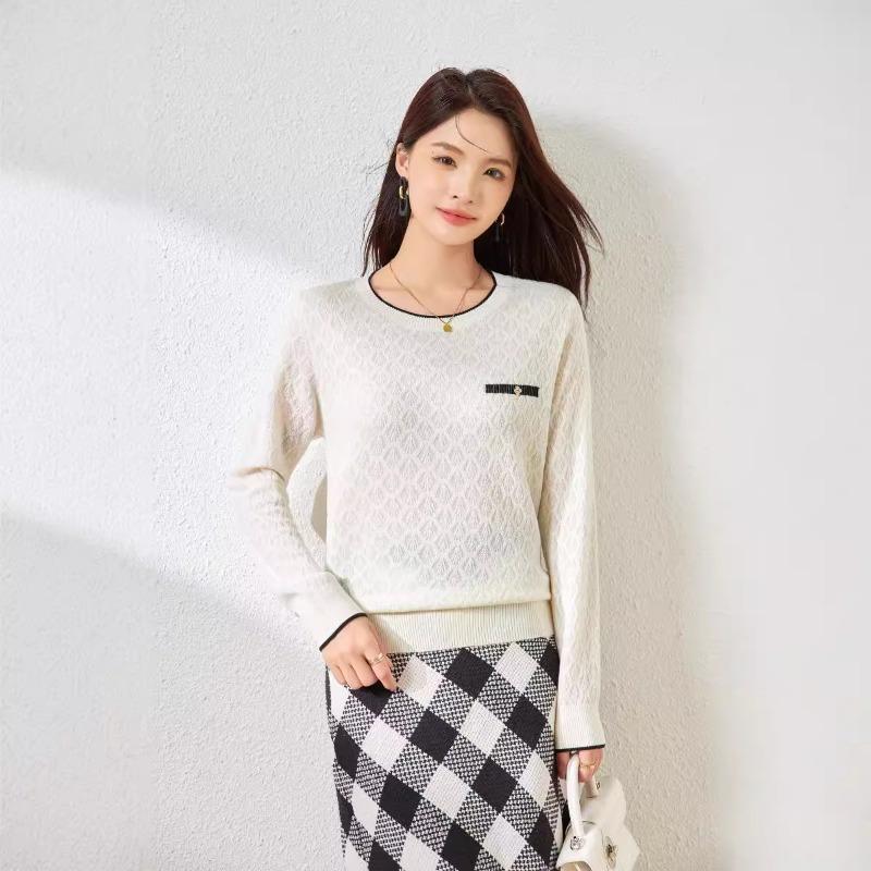 Silk Wool Blended Wool Sweater Women's Crew Neck Jacquard Sweater Knitted Sweater Top Bottoming Shirt