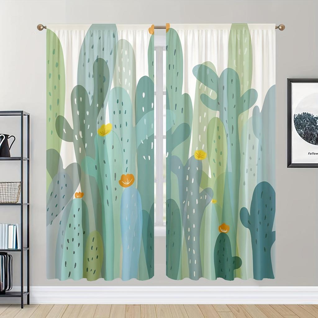 Set Of 2 Cartoon Cactus Printed Curtains Curtain Suitable Kitchen Bedroom Study Cafe Living Room Home Decor Made Polyester Area Window Treatment