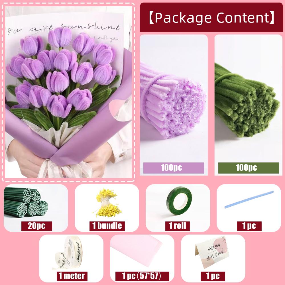 200PCS Tulip Pipe Cleaners for Craft, Chenille Stems with Flower Pole, Flower Core & Gardening Tape, Arts & Crafts for DIY