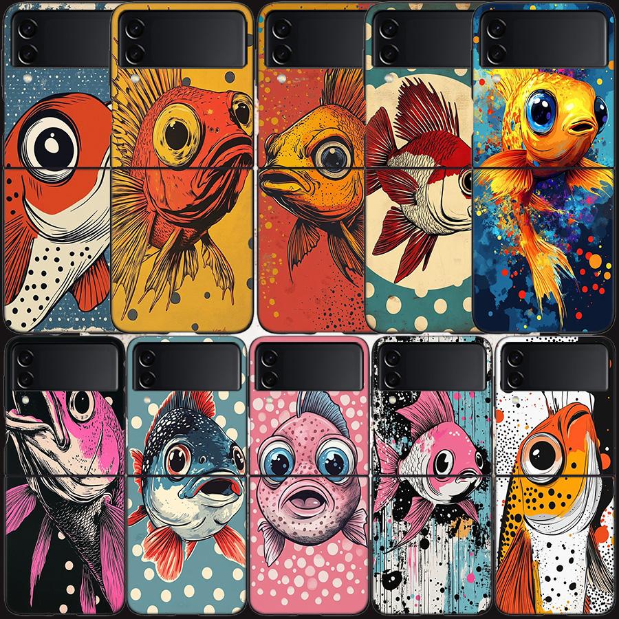 Pop Art Drawing Ideas Fish Phone Case For Samsung Z Flip 7 6 5G Galaxy Z Flip 5 4 3 Black Hard Cell Cover Luxury PC Shell Coque