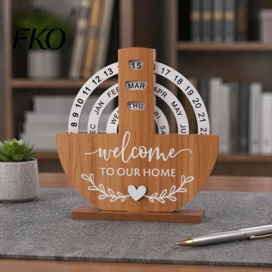 Desktop Calendar with No Battery Wooden Perpetual Calendar, Manual Rotating Desk for Home Office Accessories Men Decor, Creative Natural Wood