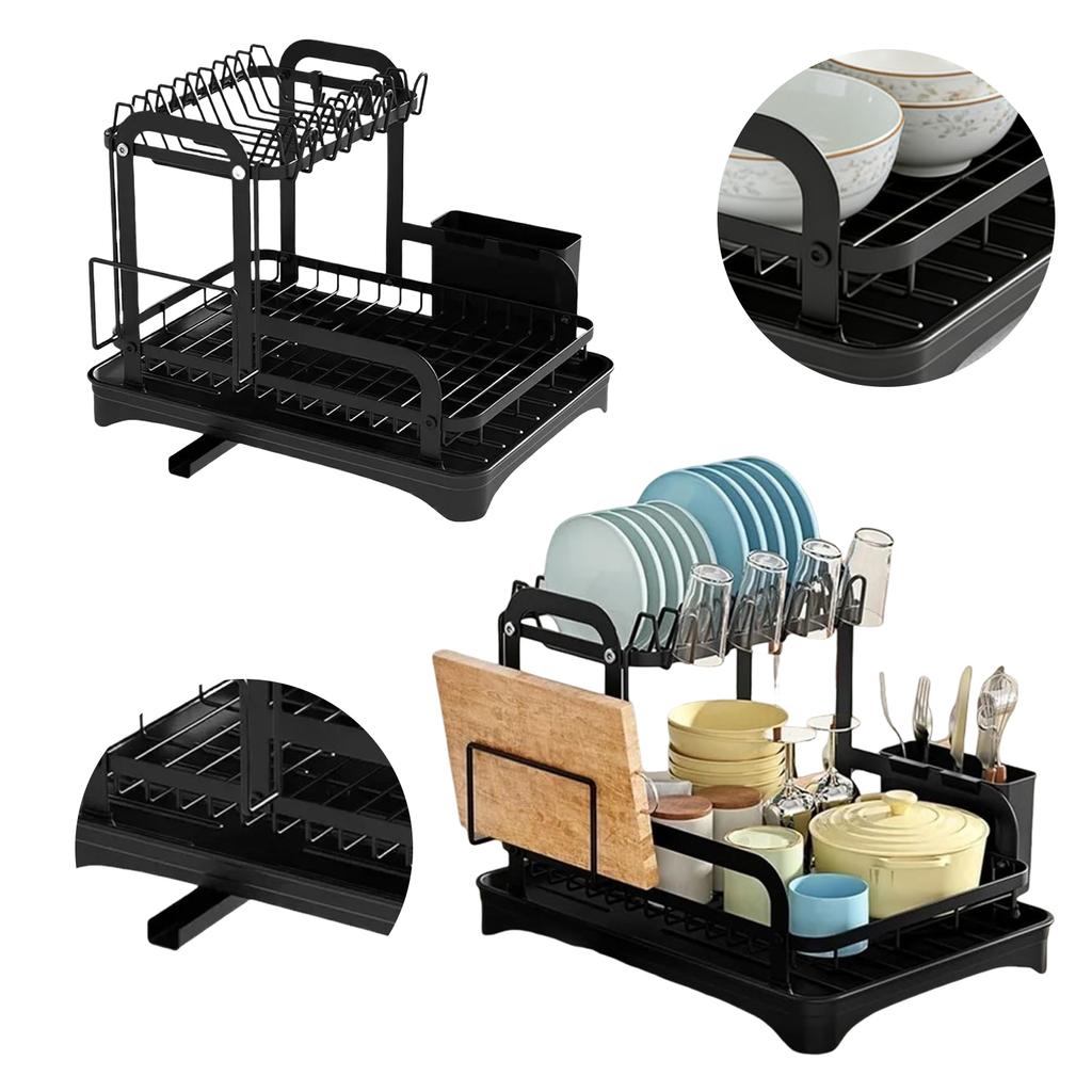 2 Tier Kitchen Countertop Drainer with Utensil Holder and Cup Rack Double Layer Sink Drain Rack for Apartment Kitchen Counter