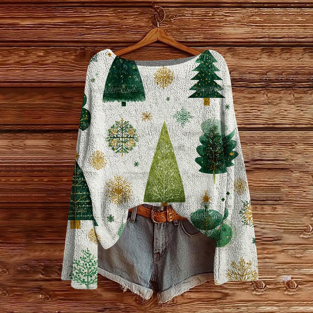 Women's Fashion Christmas Print Lightweight Sweater Casual Long-Sleeve Knit Pullover Top