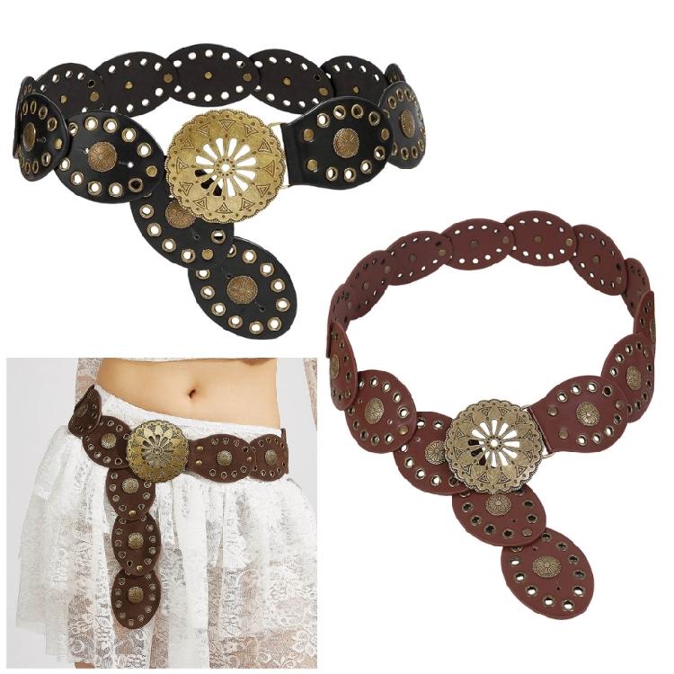 Comfortable Round Disk Waist Belt For Women PU Leather Strap With Ethnic Motifs Everyday Wear
