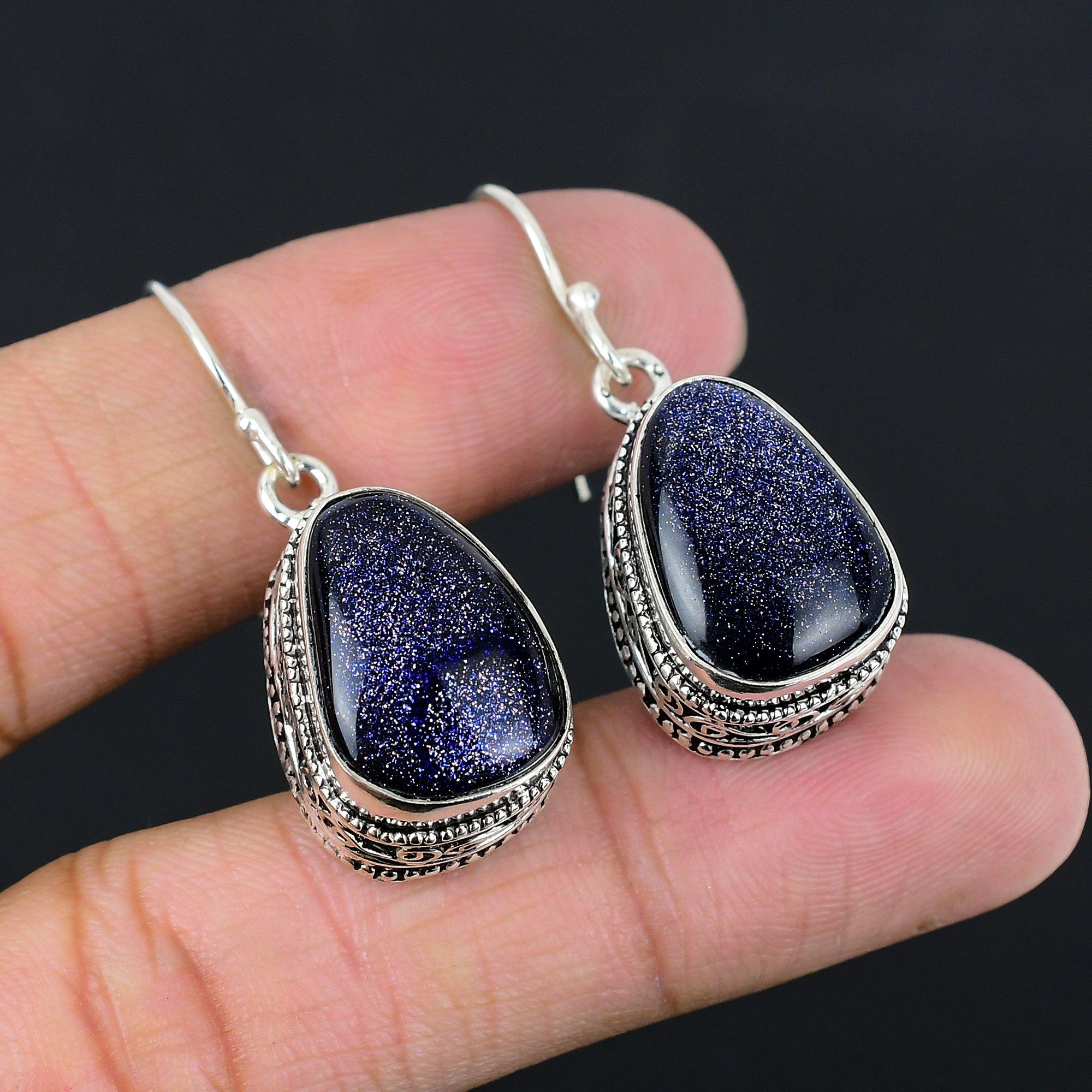 

Gift For Her 925 Silver Natural Blue Sunstone Drop/Dangle Vintage Earrings