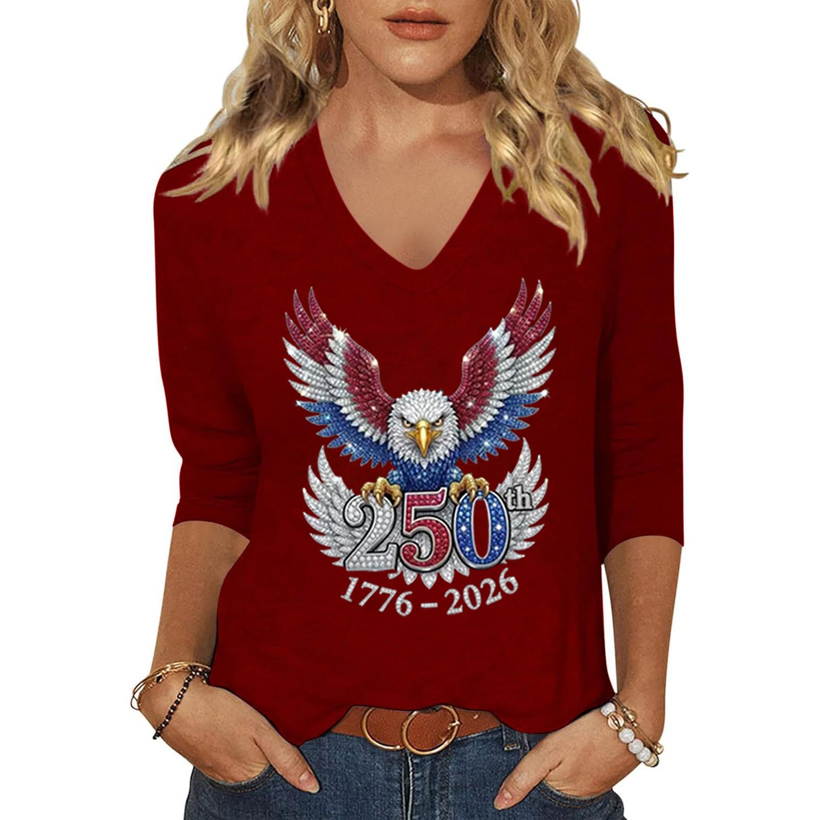 

Women s Casual V Neck Top 250th Anniversary 1776 2026 Graphic Print Long Sleeve Pullover Shirt Lightweight Soft Fabric XXXL винний