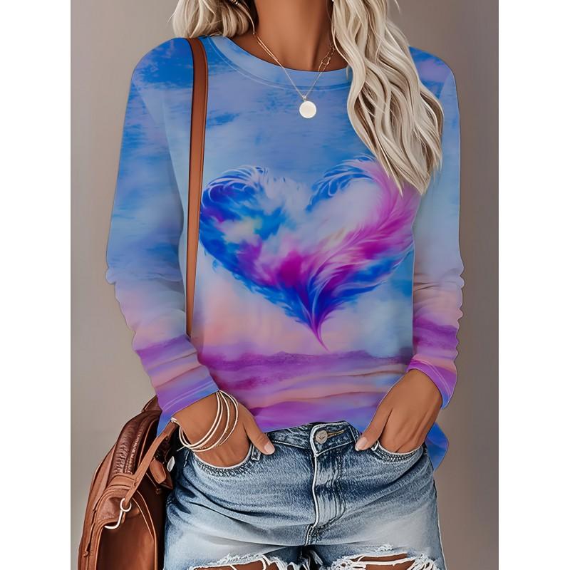 Womens Loose Fit Long Sleeve Round Neck Tee With 3D Peacock Cat Print - Milk Silk Fabric 2025 Casual Top
