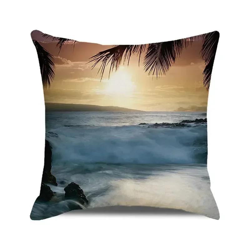 45x45 Cm Blue Ocean Style Square Cushion Cover Beach Coconut Grove Sunset Scenery Print Pillowcase Home Decor Pillow Cover