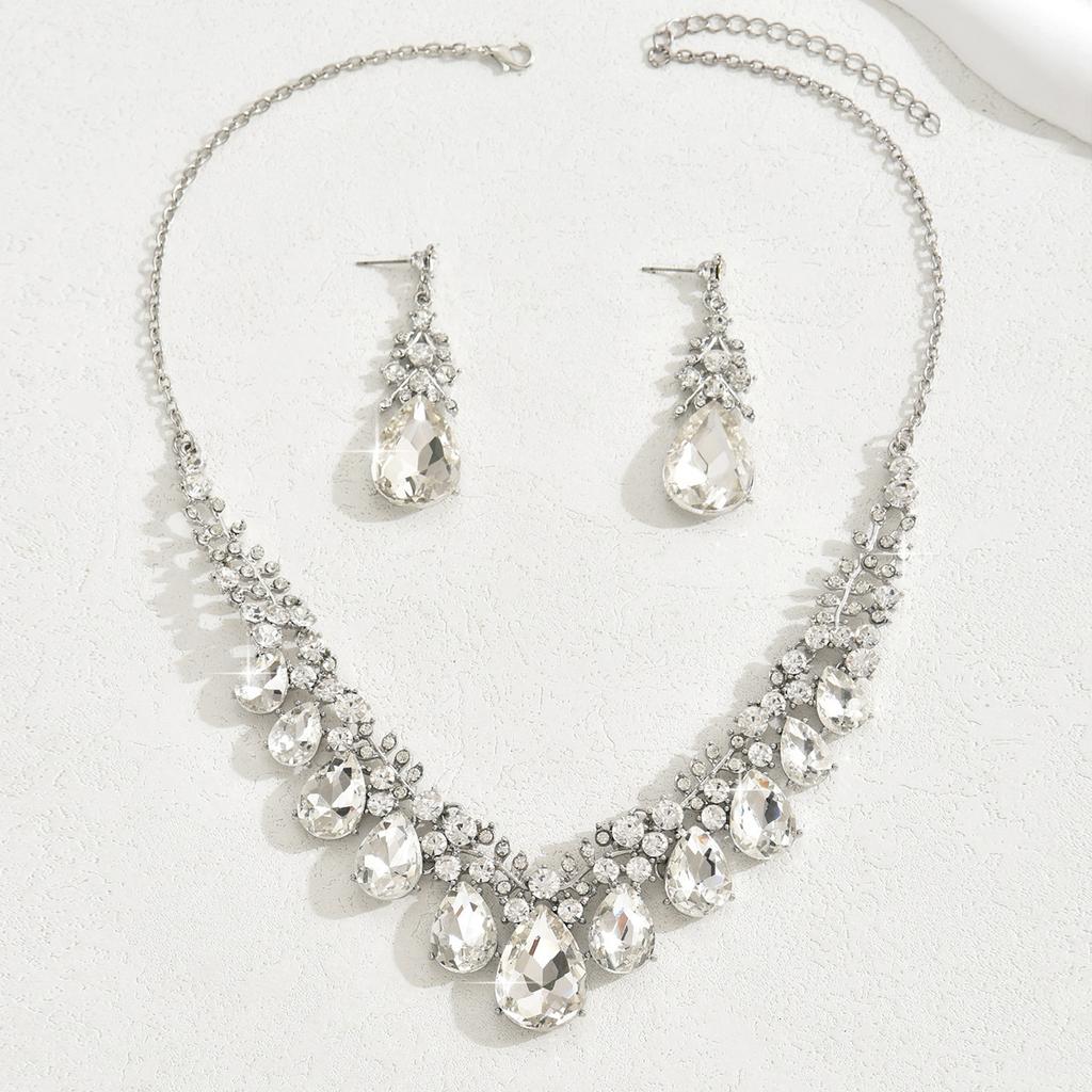 Vintage Übertriebene Halskette, Ohrring-Set, Kristall Edelstein Schlüsselbeinkette, Damen Zweiteiliges Schmuckset, Modeaccessoires.