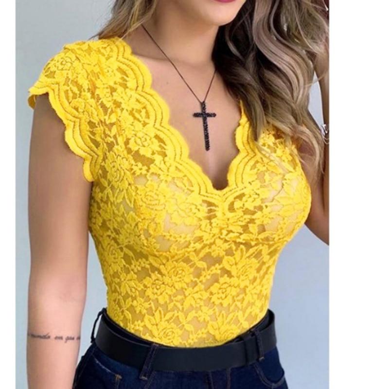 Blusas Fashion Sexy V-neck Blouses Woman 2023 Summer Slim Lace Shirt Top For Girl Solid Bottom Tops Clothes Elegant  25950