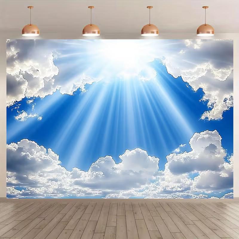 2D Sunbeam Heaven Backdrop, 2D Bright Sky and Clouds Decor 47.2x31.5inch/120*80cm