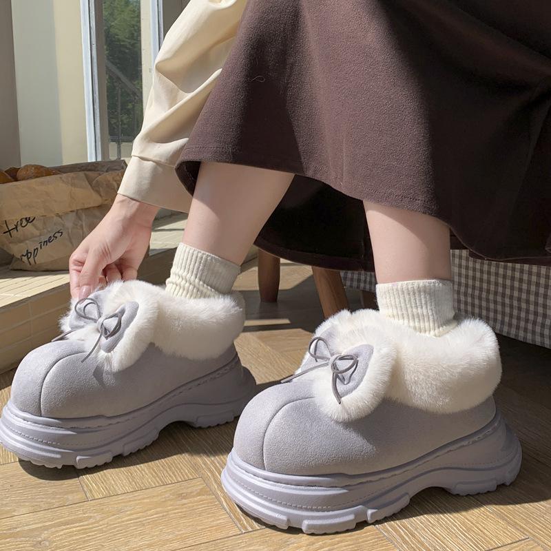 New Mid-top Bow Suede Wool Cotton Shoes Autumn and Winter Velvet Warm Thick-soled Heightening Non-slip Snow Boots