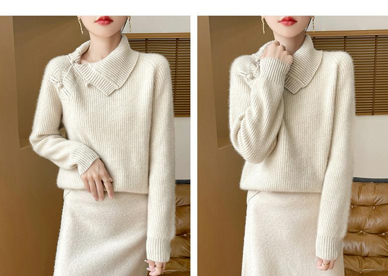 Women's Retro Chinese Lapel Wool Sweater with Frog Buttons