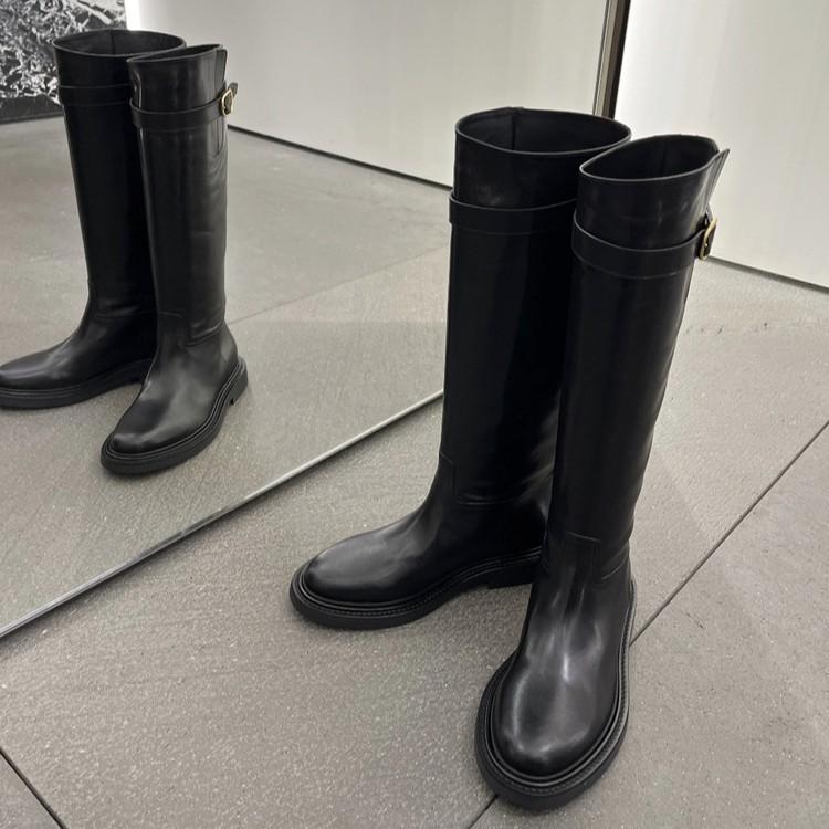 Cowhide version~ 2025 new retro leather metal buckle thick heel boots women's small but knee sleeve women's boots