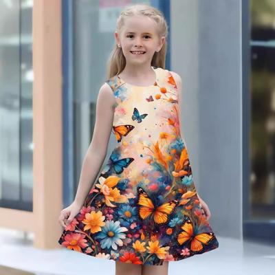 4-14Y Girl's Dresses Children 3D Printed Butterfly Animal Landscape Pattern Sleeveless Dress Kids Digital Breathable Clothing