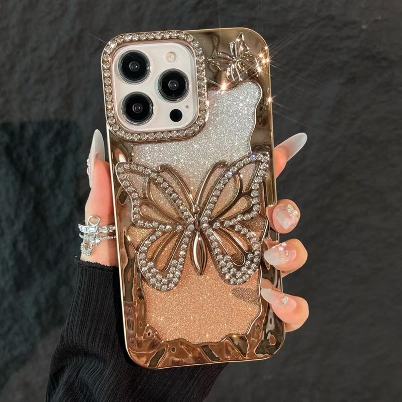 Soft Butterfly Diamond Phone Case For iPhone 11 12 13 14 15 16 17 Pro Max Plus Air Glitter Bumper Back Cases Cover