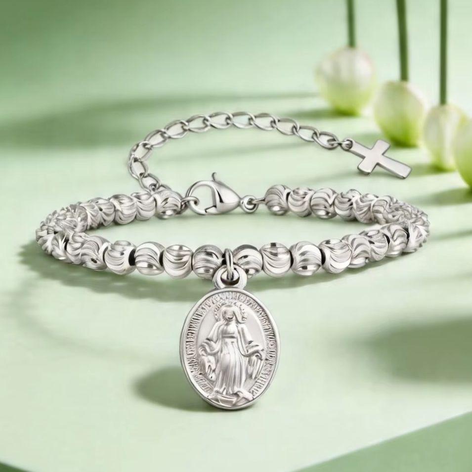 

Women s Rosary Cross Virgin Mary Bracelet,Stainless Steel Christian Charm Beaded Bracelets,Religious Prayer Jewelry Gifts