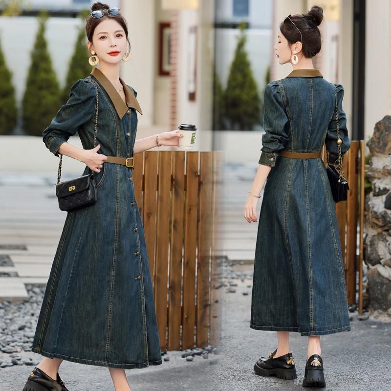 Autumn 2023 Retro Denim A-line Dress: Women's Long Sleeve, Waist-Slimming, Medium Length, Lapel Style