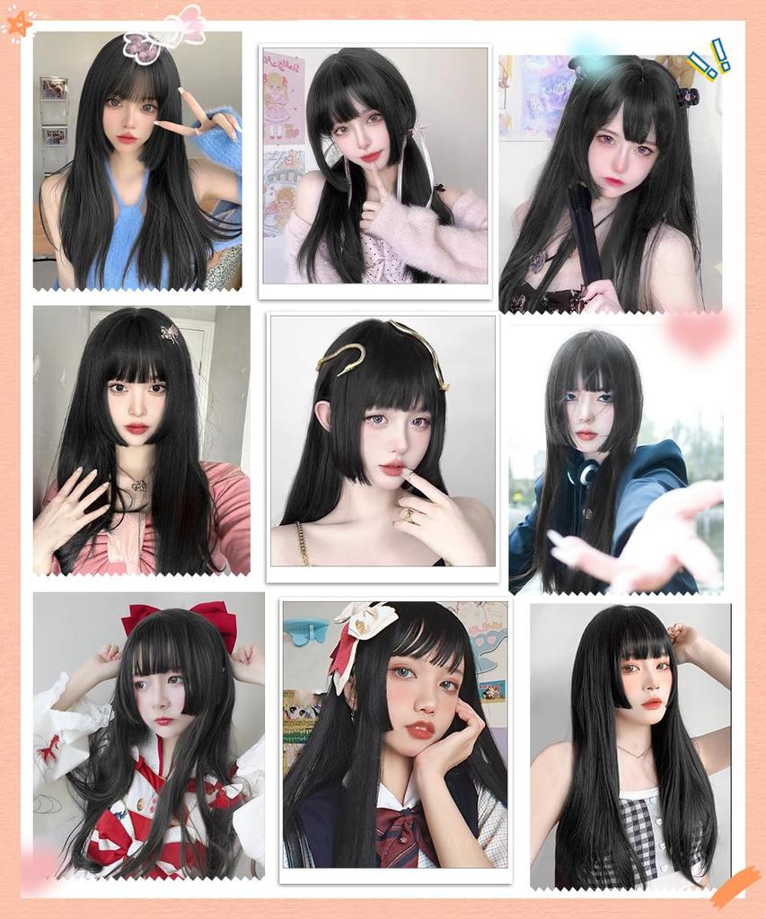 Knnzk Wig Long Black Full Wig Princess Cut Straight Lolita Cosplay Wig Small Face Natural Heat Resistant Harajuku Style with Net (black Hair)...