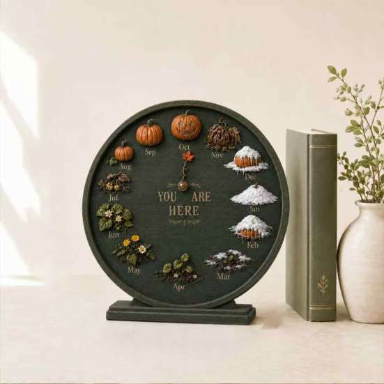 Autumn Calendar Decoration Wooden Seasonal Month Decor, Round Farmhouse Perpetual Season Clock, Gift for Lovers Pumpkin Four Seasons Tabletop Ornament