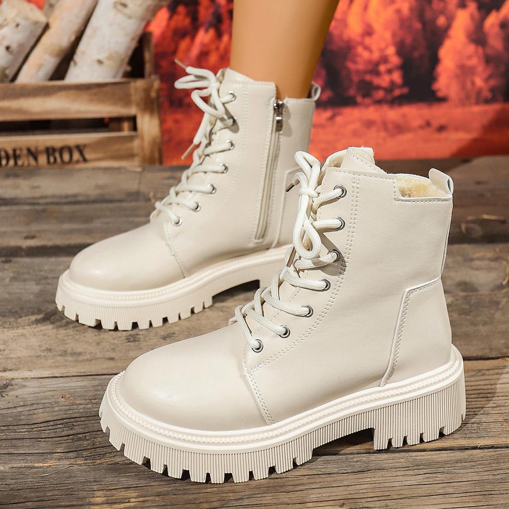 Mode Dames Laarzen Comfortabele Lage Hakken Leren Schoenen Mode Veters Platform Gevechtslaarzen Vrouw Winter Warm Korte Pluche Enkellaarsjes Dames