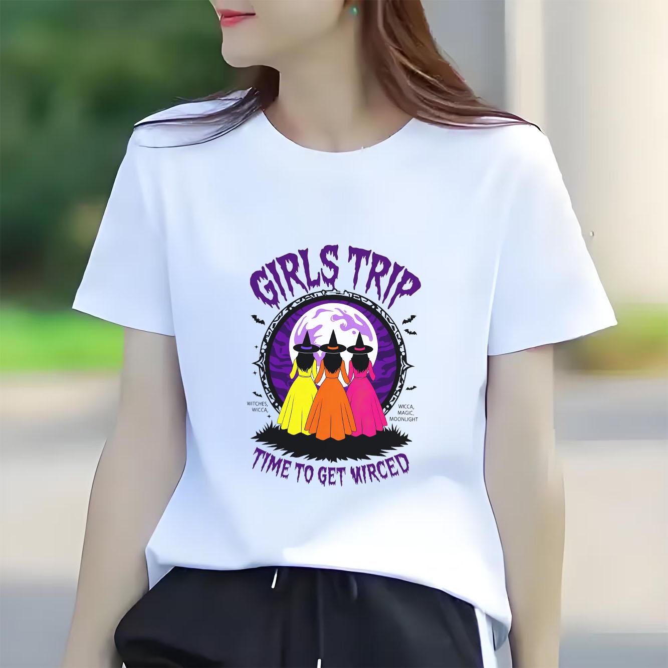 

Halloween witch print short sleeved round neck versatile fashion Womens Tshirt for spring and summer S